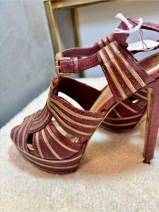 Dior Shoes - Dior Burgundy with Gold Trim Platform Strappy Heels